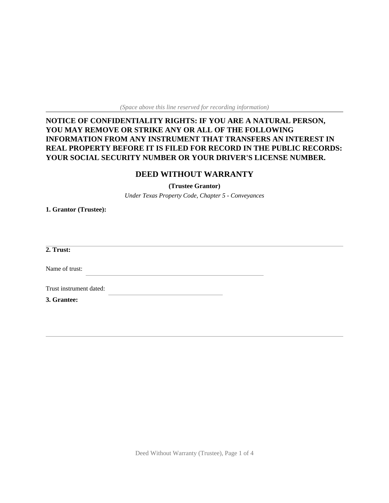 Texas Deed Without Warranty (Trustee Grantor)