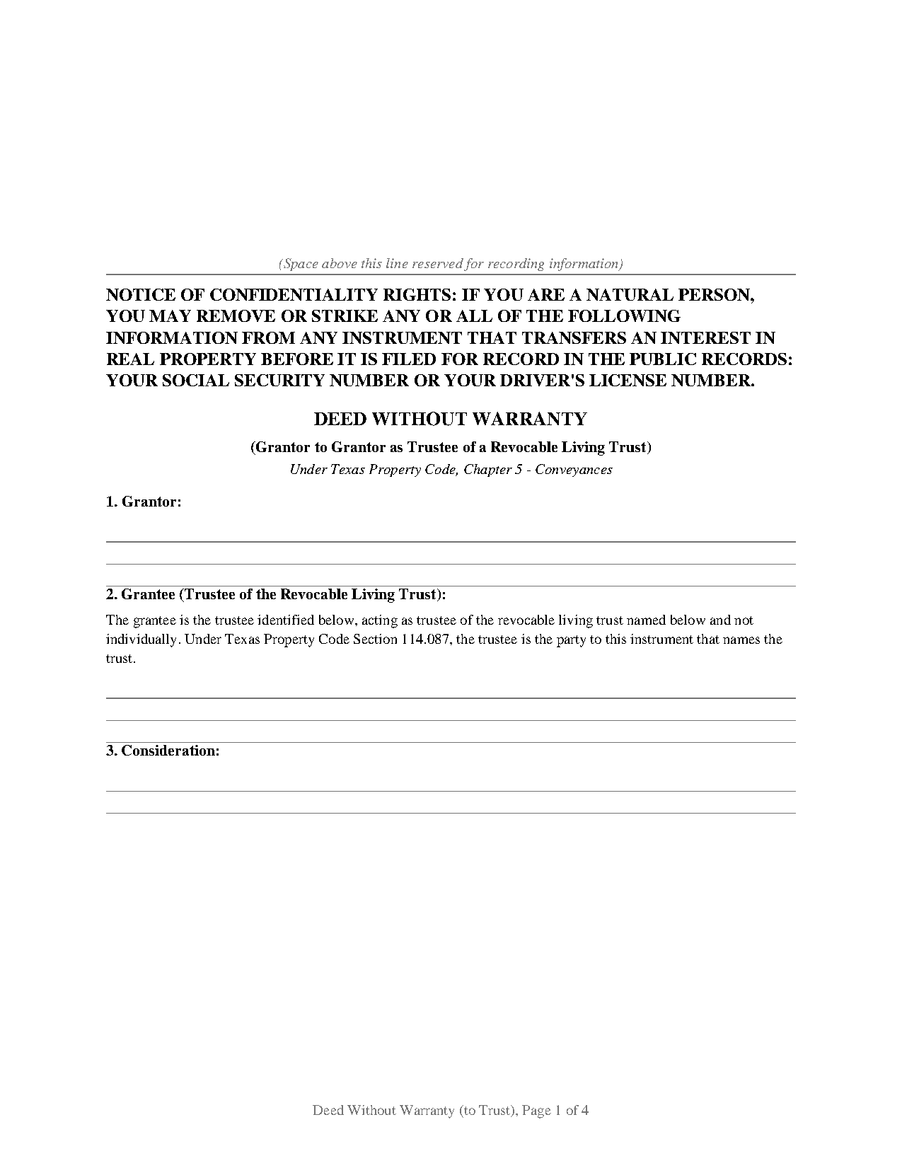 Texas Deed Without Warranty (Grantor to Own Revocable Trust)