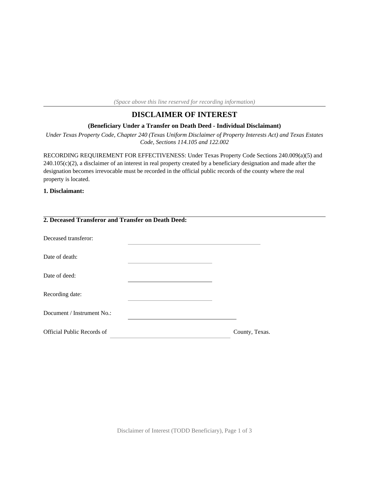 Texas Disclaimer of Interest by Transfer on Death Deed Beneficiary (Individual)