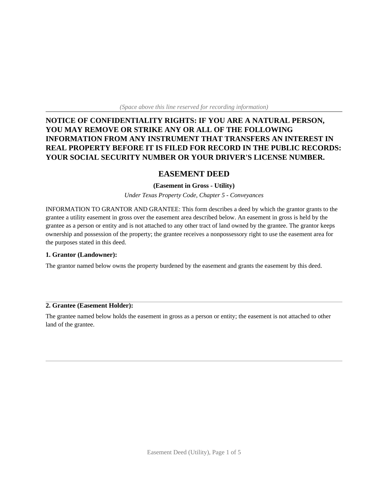 Texas Easement Deed (In Gross - Utility)