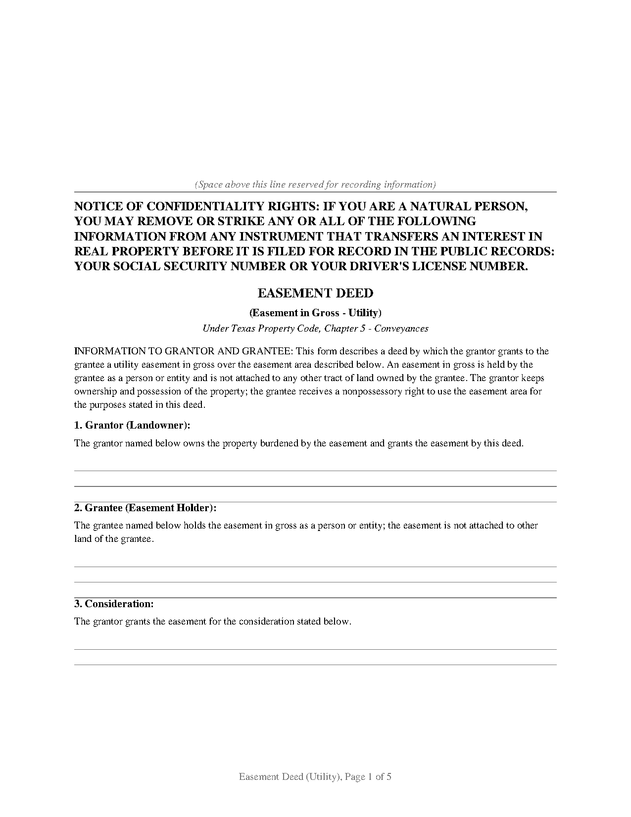 Texas Easement Deed (In Gross - Utility)