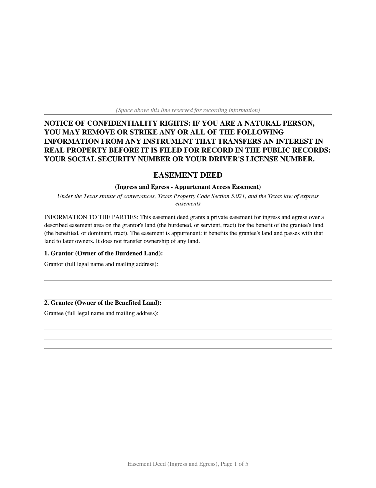 Texas Easement Deed (Ingress and Egress)