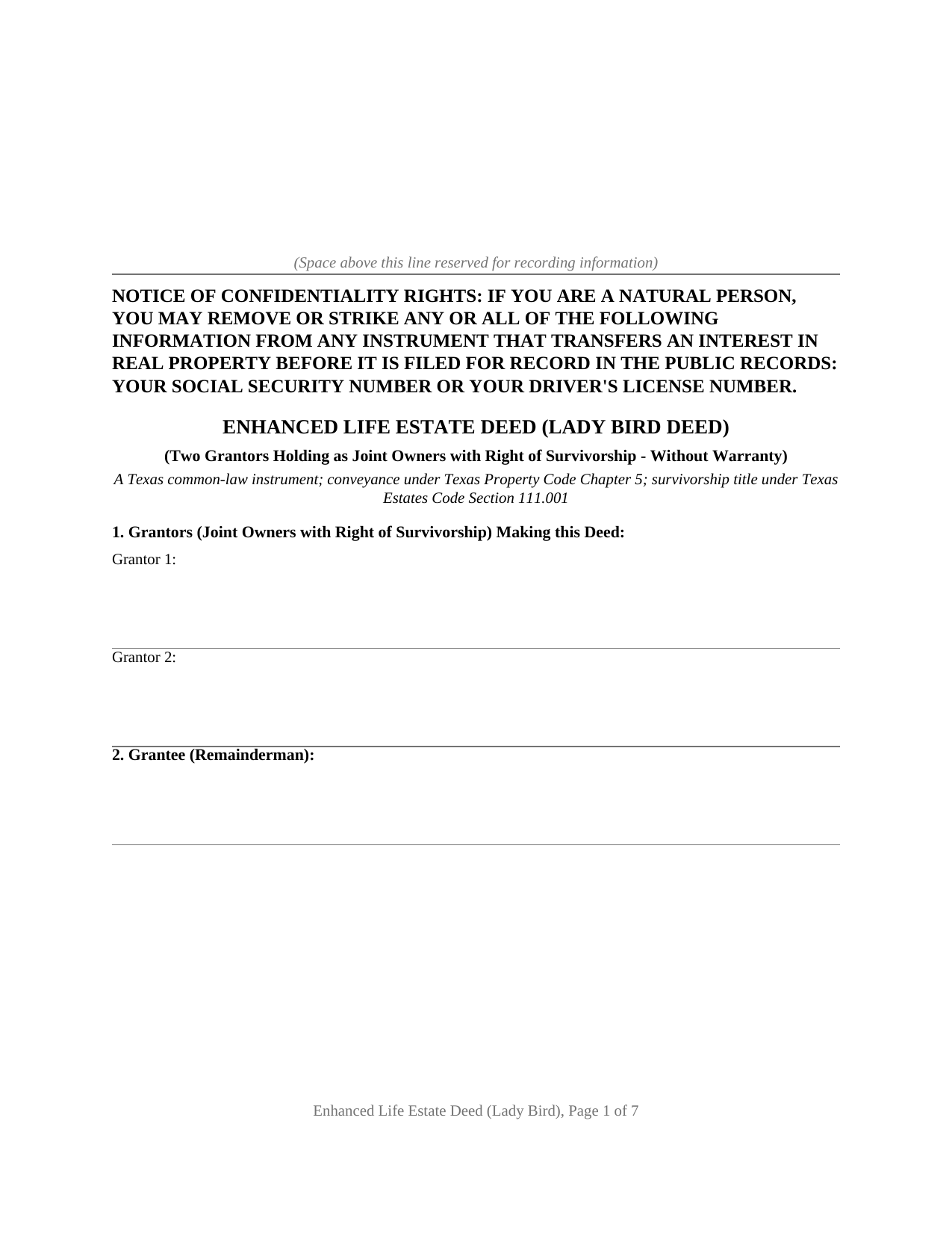 Texas Enhanced Life Estate (Lady Bird) Deed (Joint Owners with Right of Survivorship)