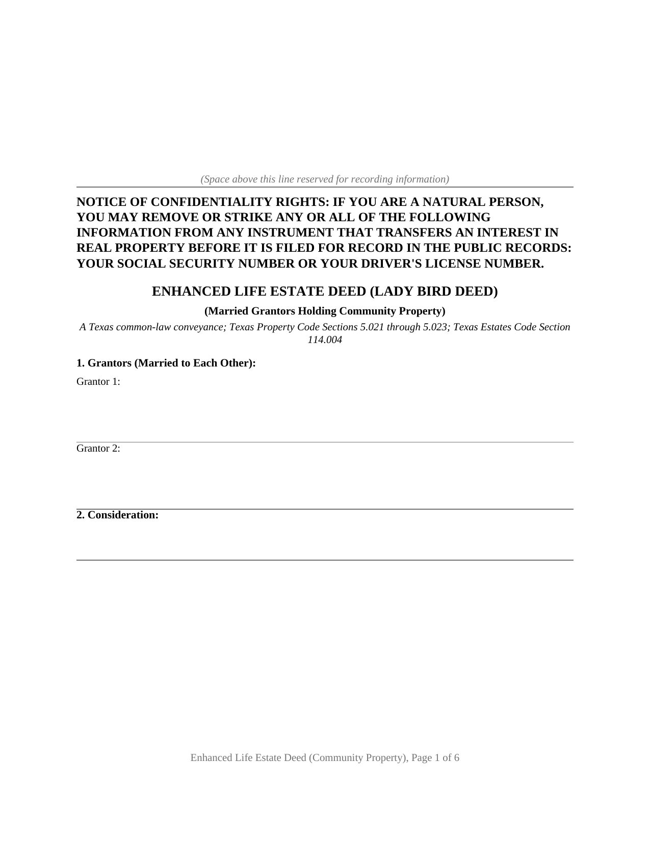 Texas Enhanced Life Estate Deed (Lady Bird Deed) (Community Property Grantors)