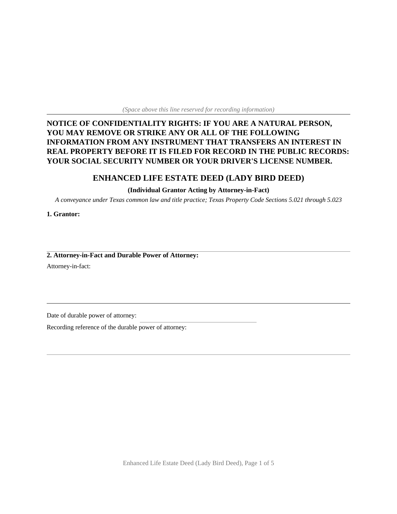 Texas Enhanced Life Estate Deed - Lady Bird Deed (Individual by Attorney-in-Fact)