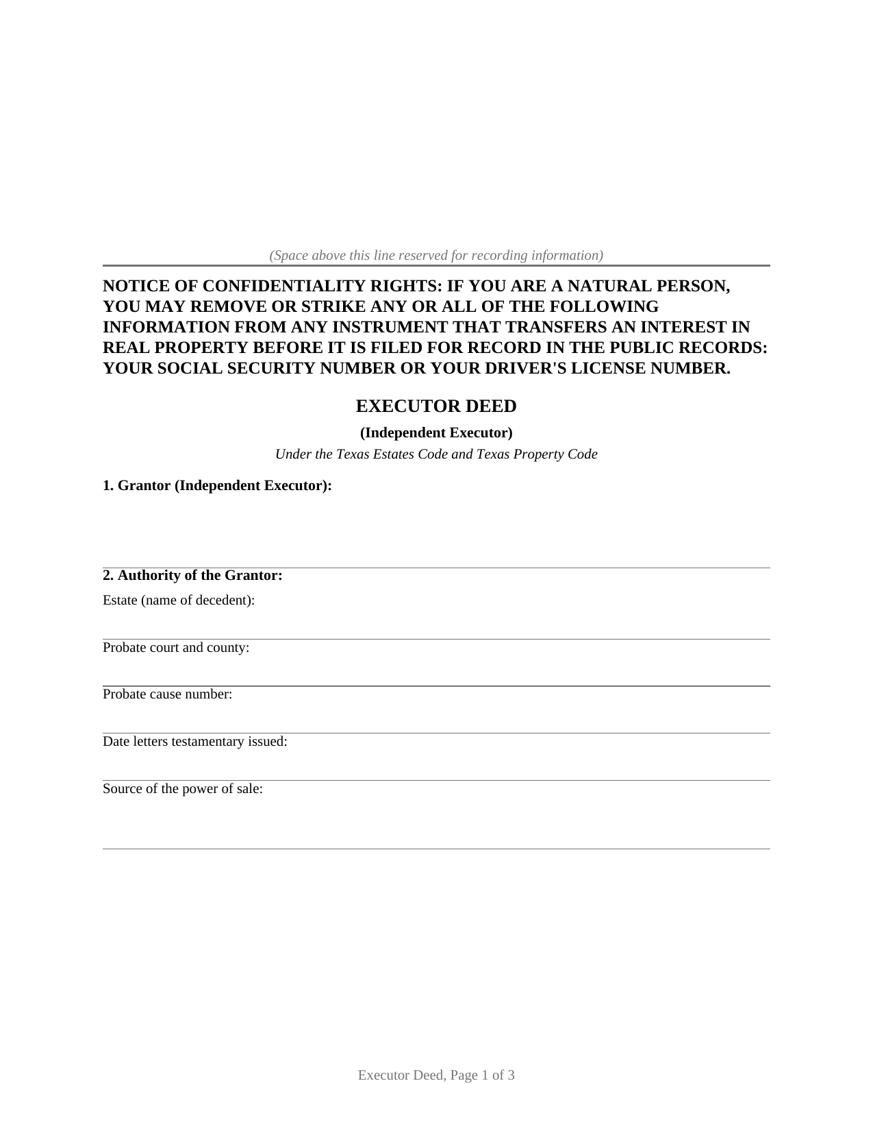 Texas Executor Deed (Independent Executor)