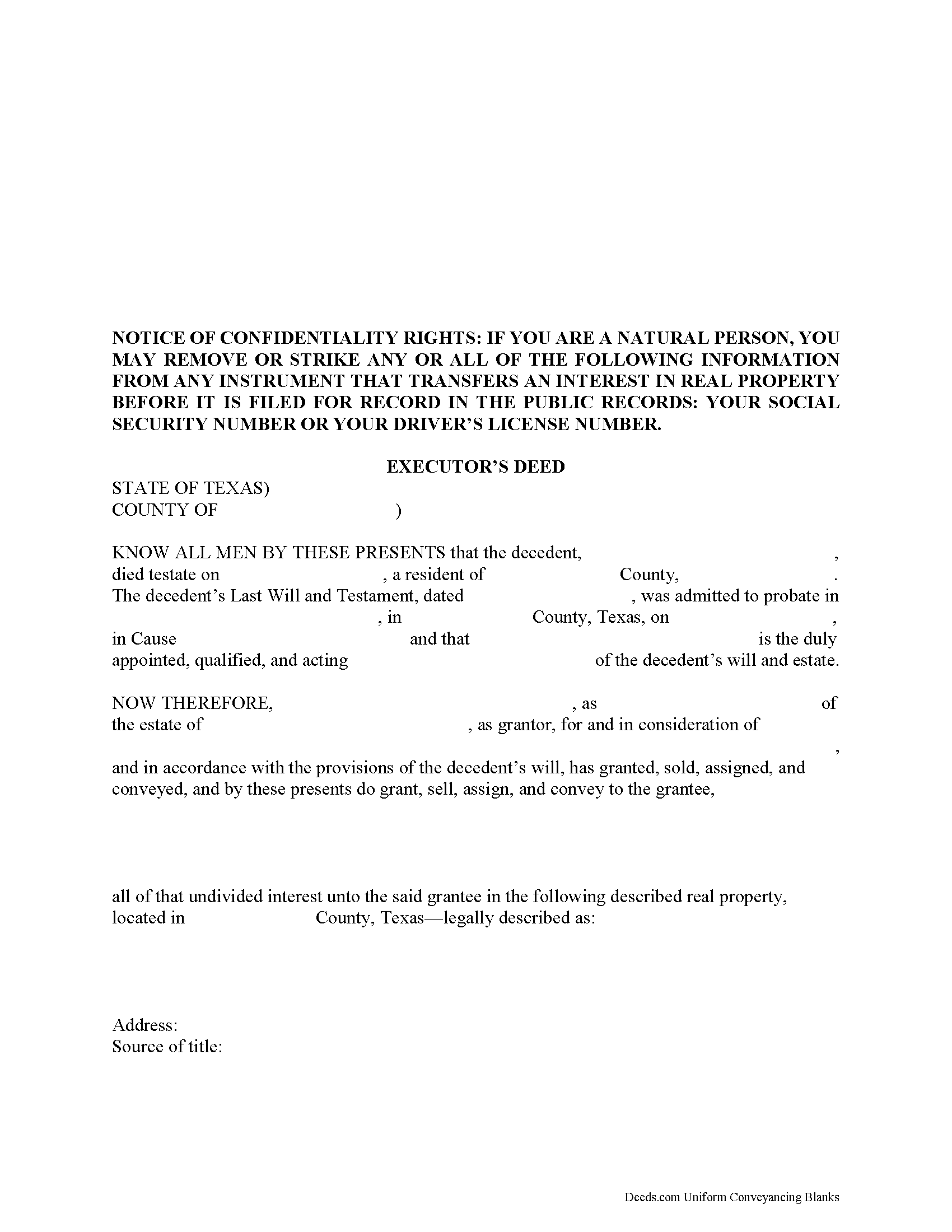 Texas Executor Deed Image