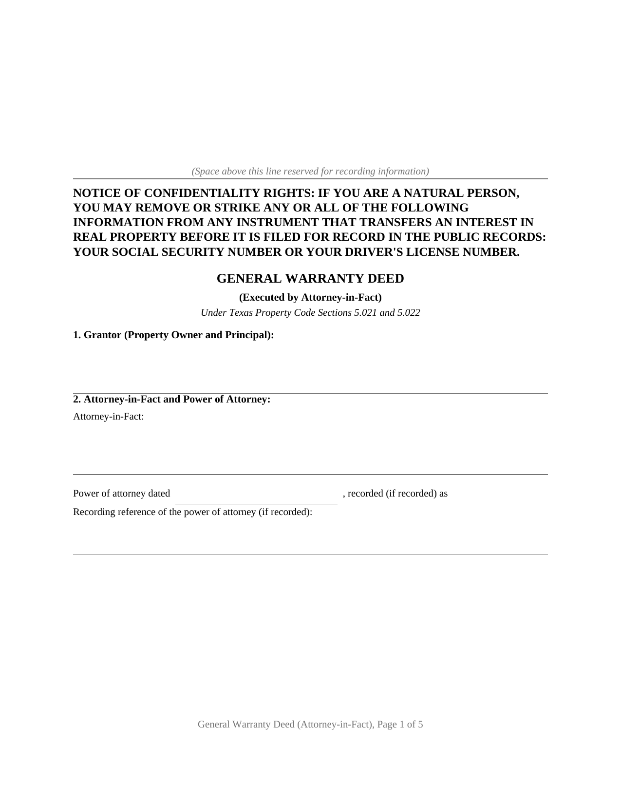 Texas General Warranty Deed (Executed by Attorney-in-Fact)
