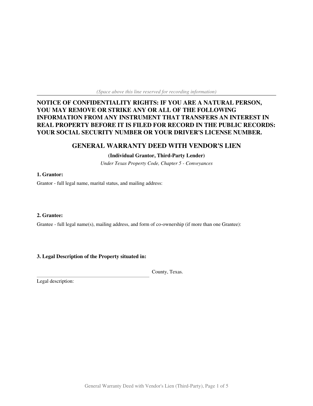 Texas General Warranty Deed with Vendors Lien (Third-Party Lender)