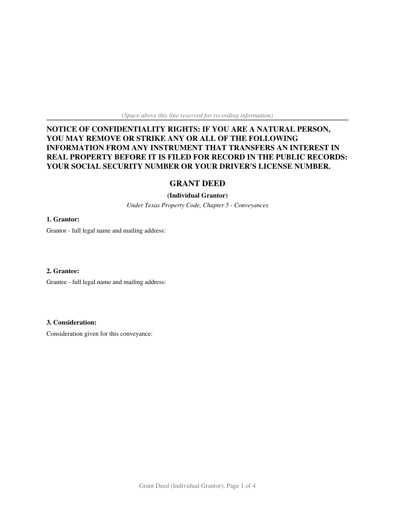 Texas Grant Deed (Individual Grantor)