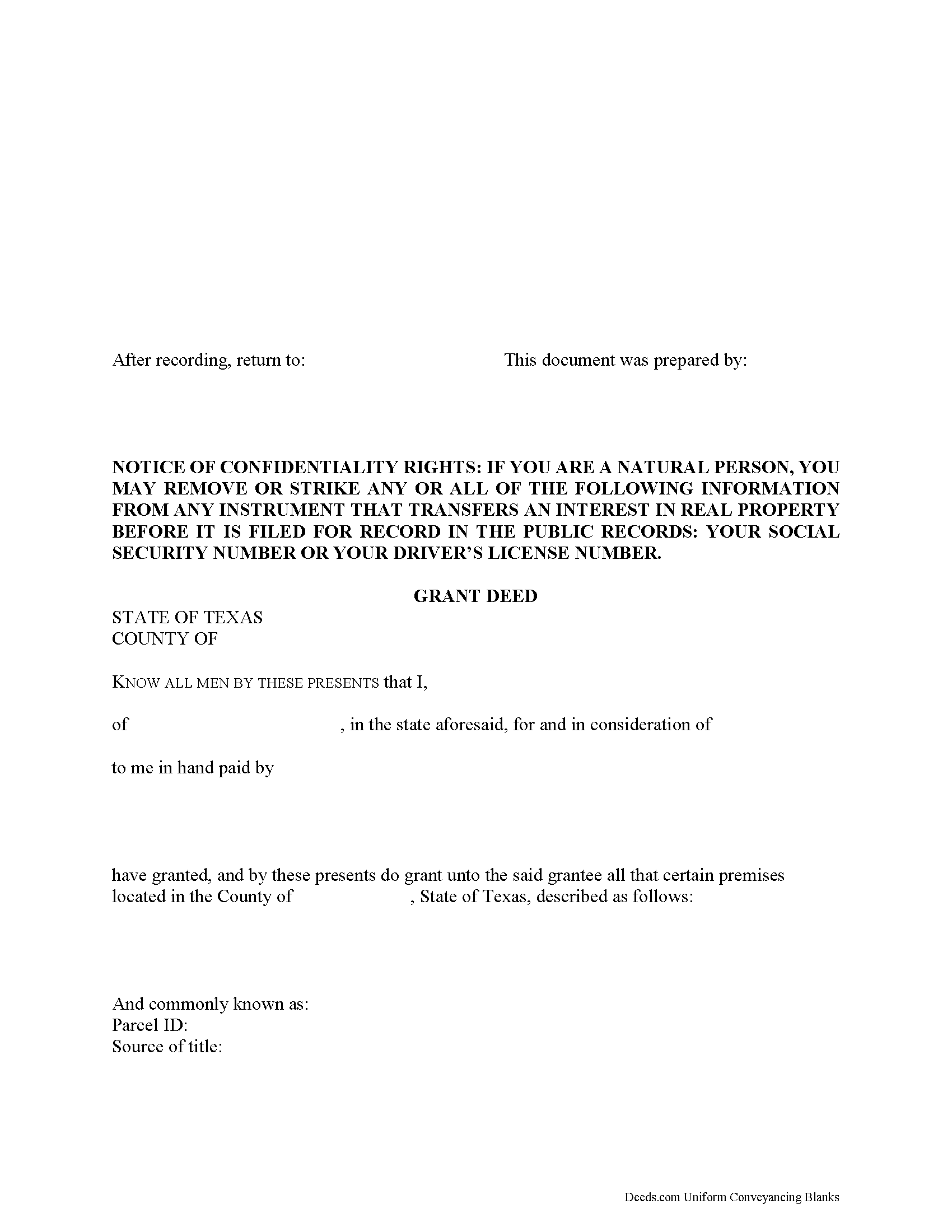 Texas Grant Deed Forms | Deeds.com