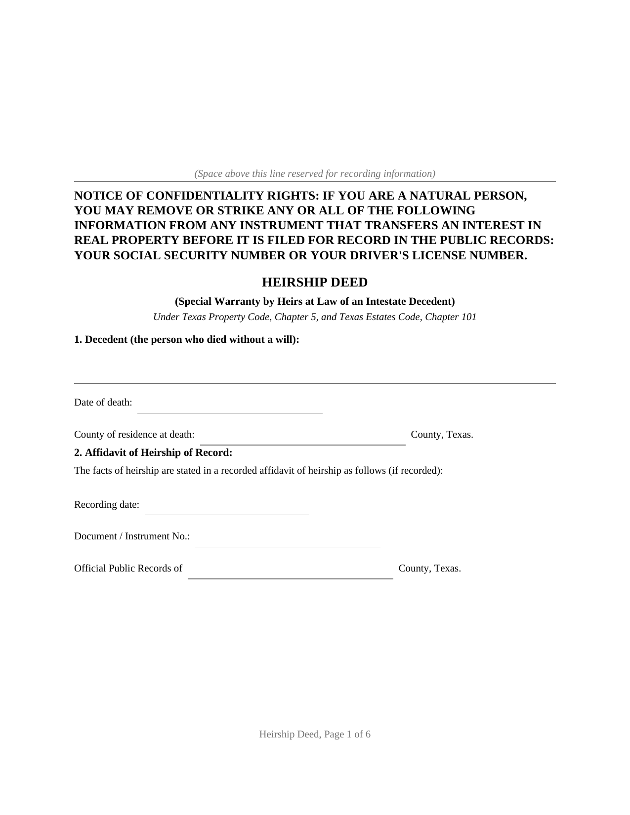 Texas Heirship Deed (Special Warranty by Heirs)