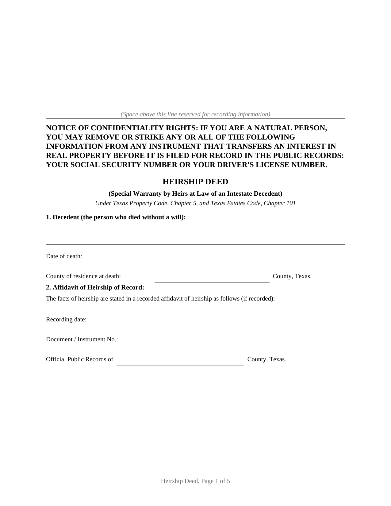 Texas Heirship Deed (Special Warranty by Heirs)