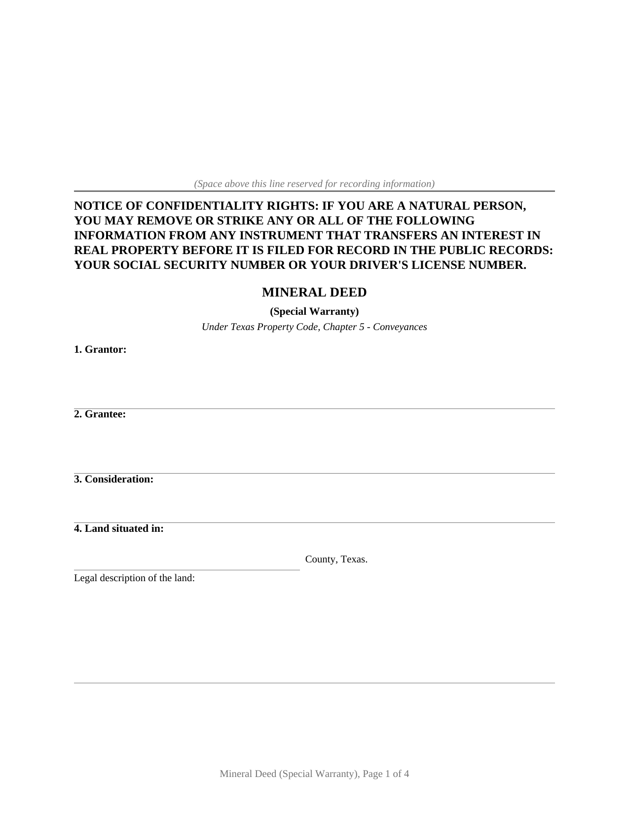 Texas Mineral Deed (Special Warranty)
