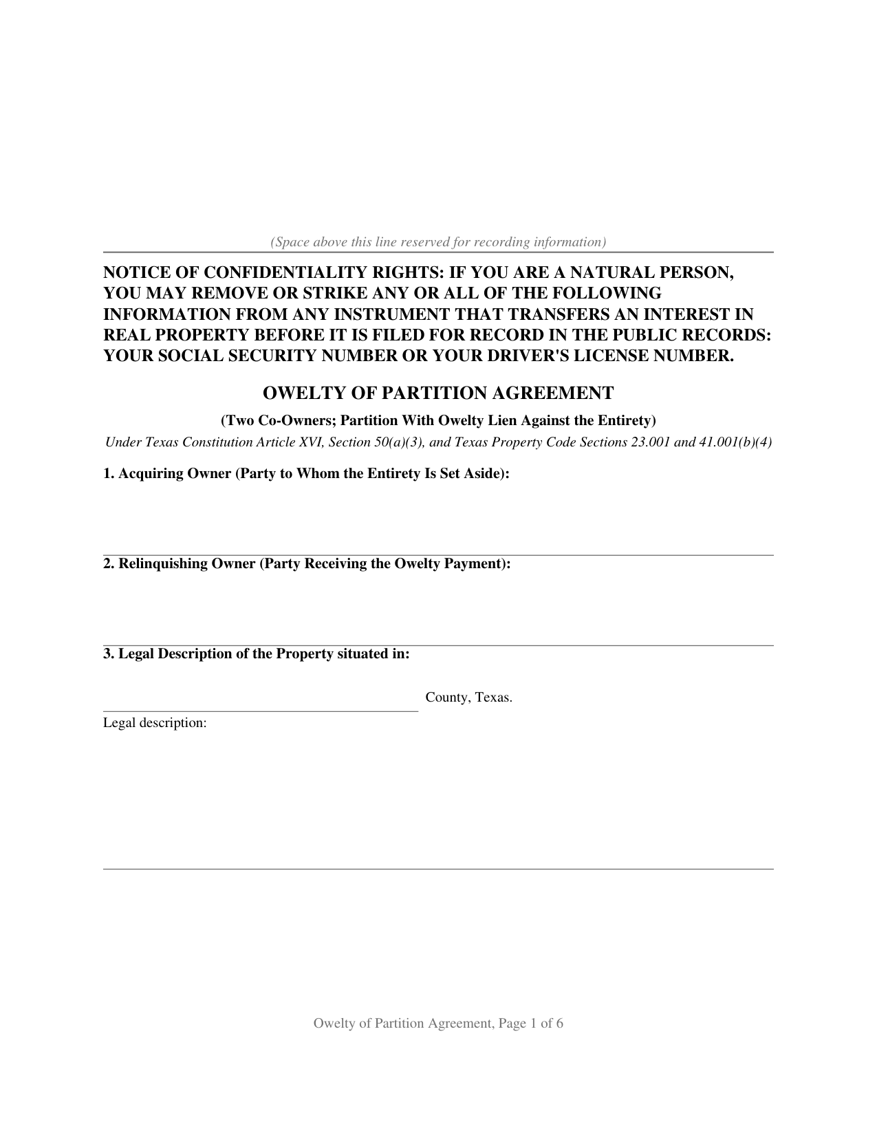 Texas Owelty of Partition Agreement