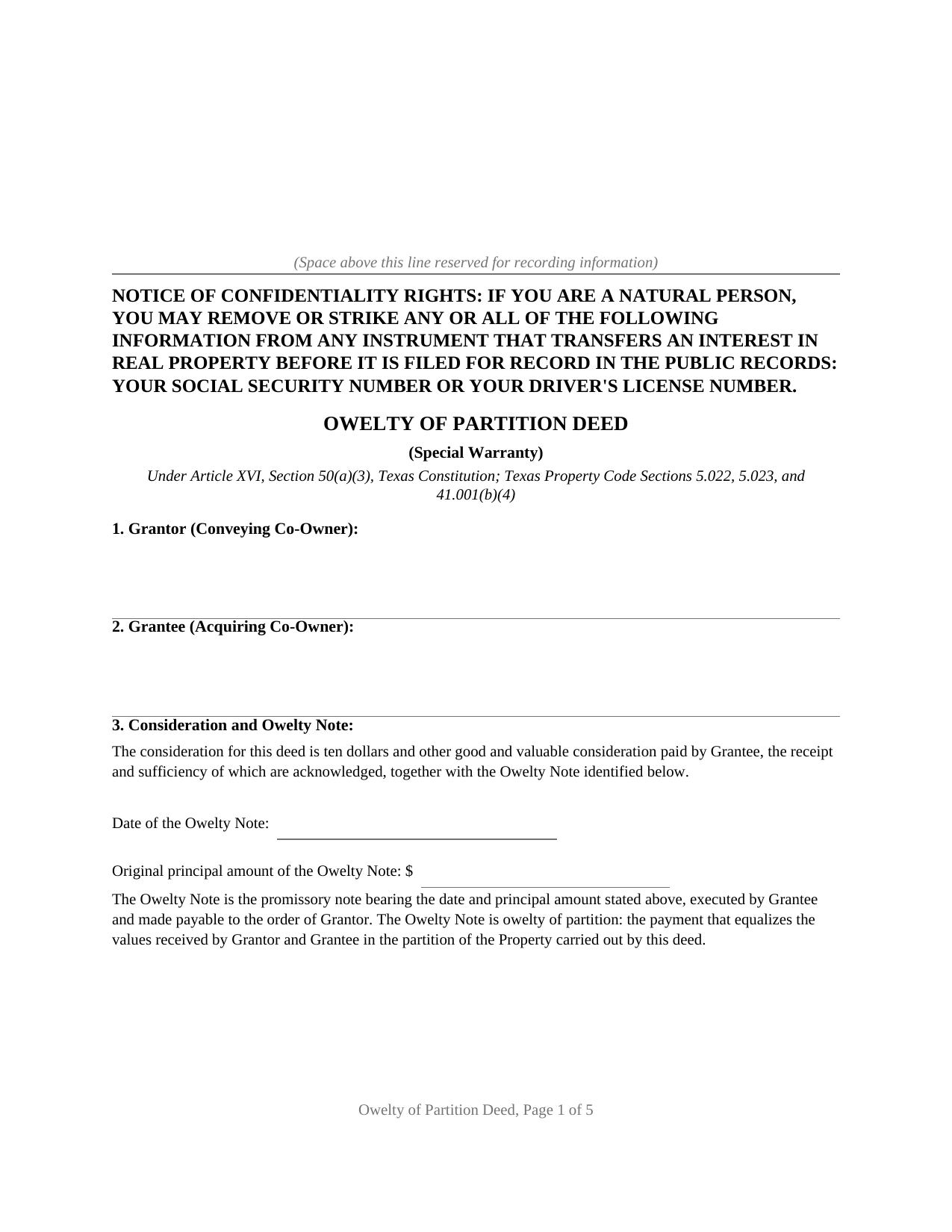 Texas Owelty of Partition Deed