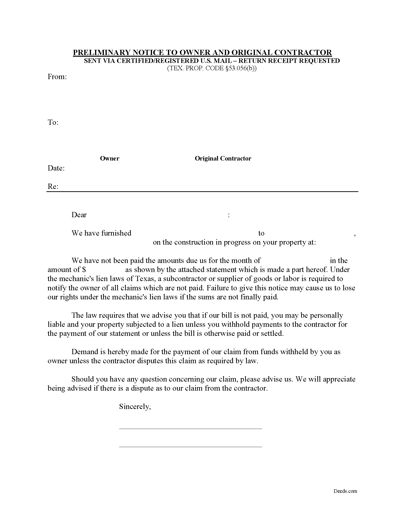 Texas Preliminary Notice to Owner and Original Contractor Image