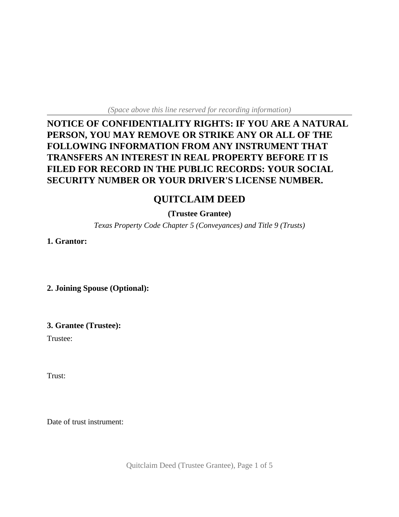 Texas Quitclaim Deed (Trustee Grantee)