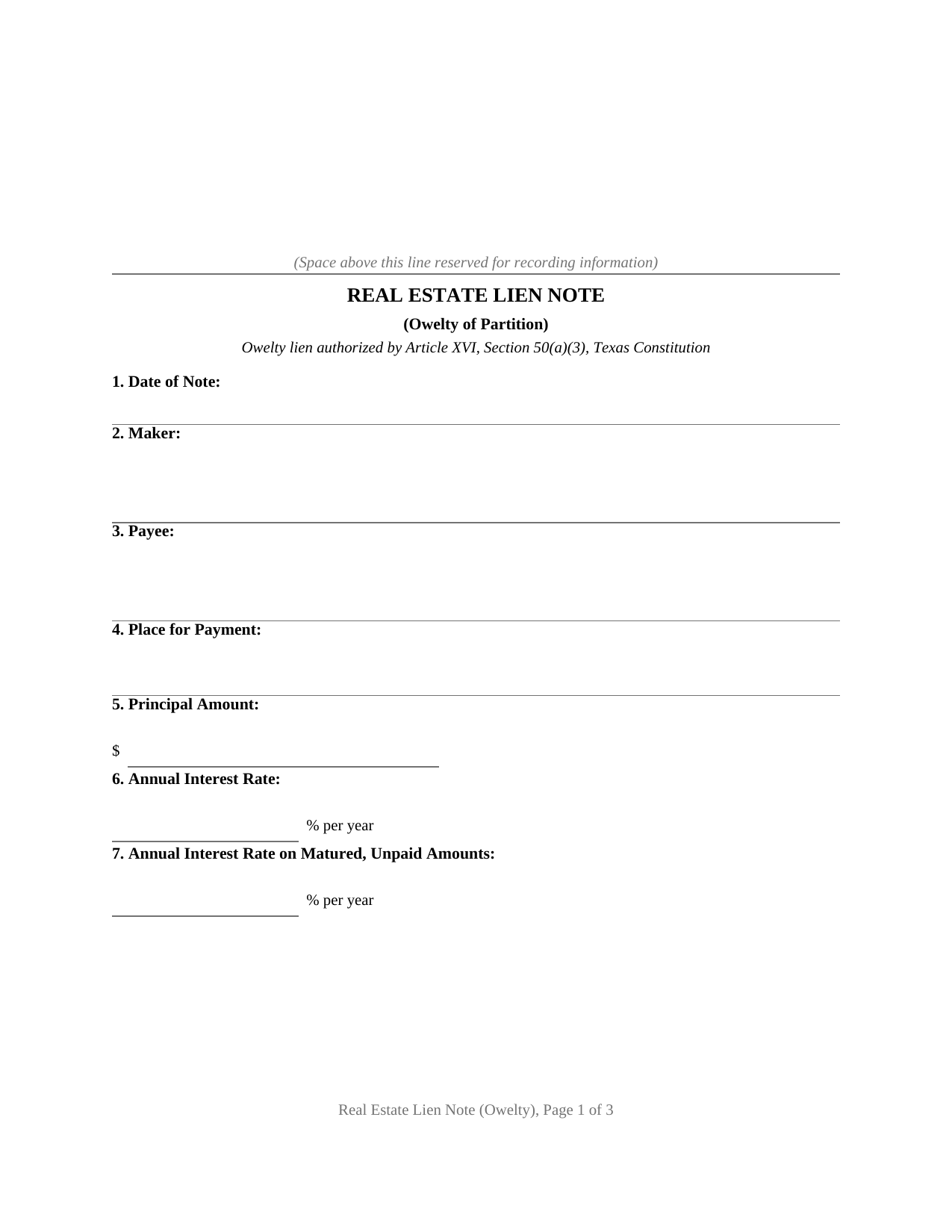 Texas Real Estate Lien Note (Owelty of Partition)