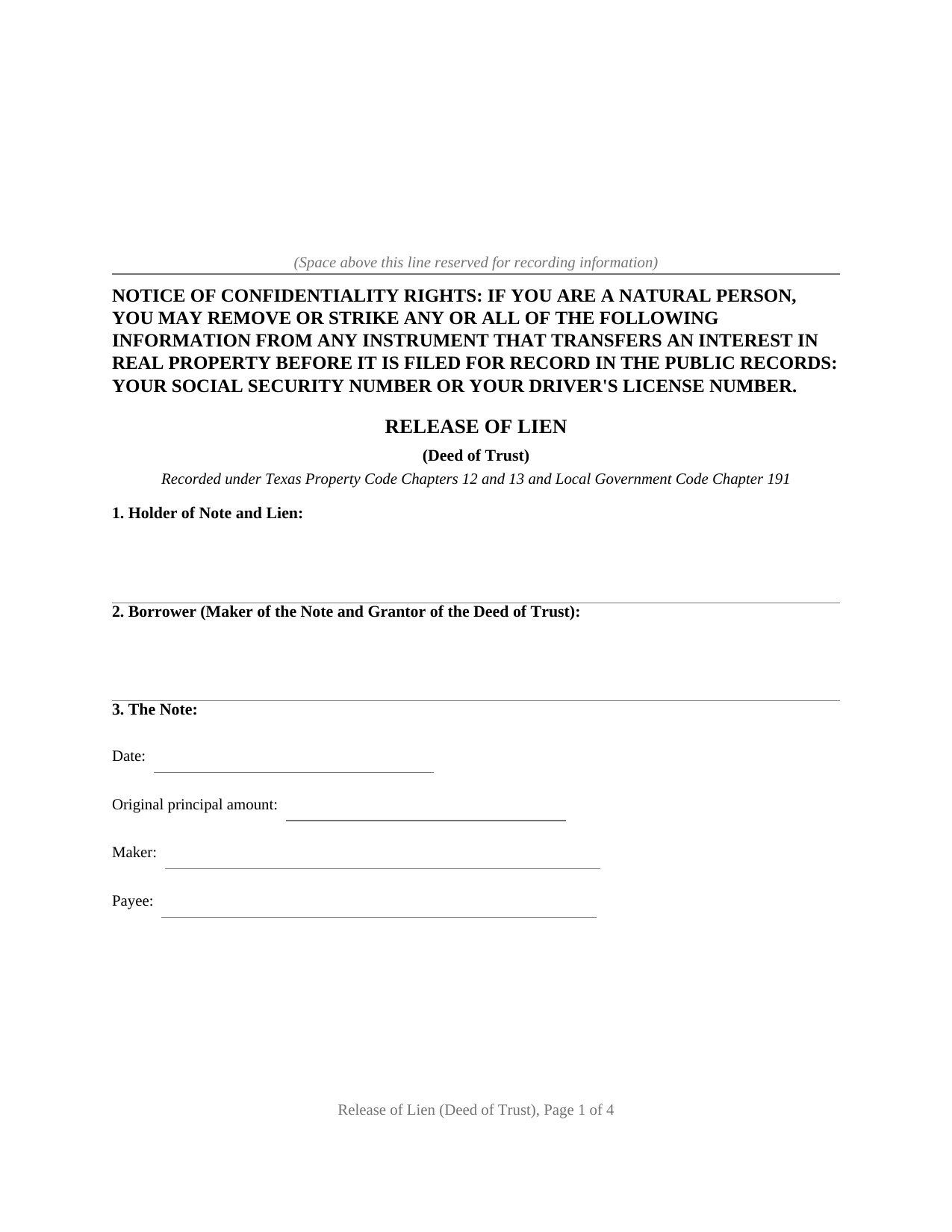 Texas Release of Lien (Deed of Trust)