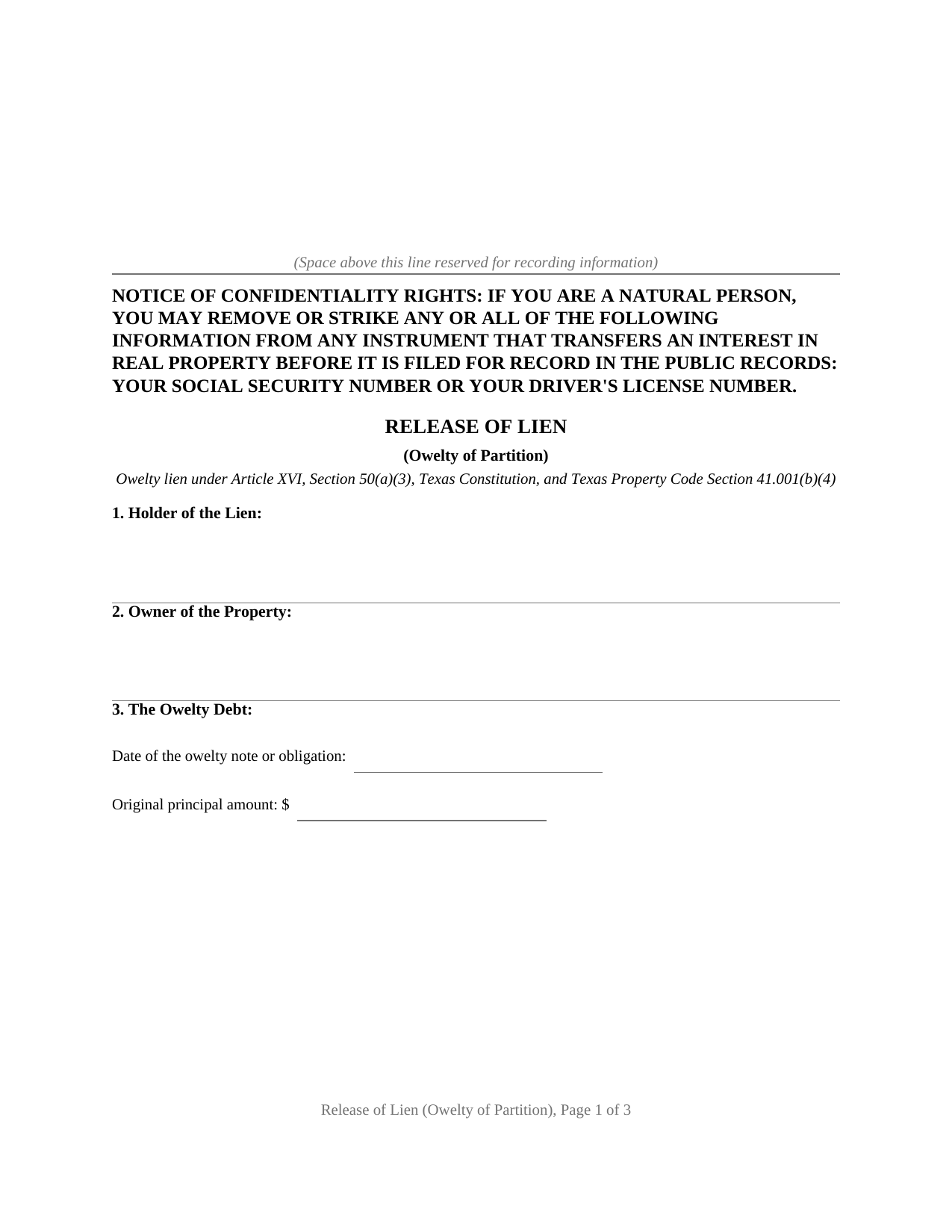 Texas Release of Lien (Owelty of Partition)
