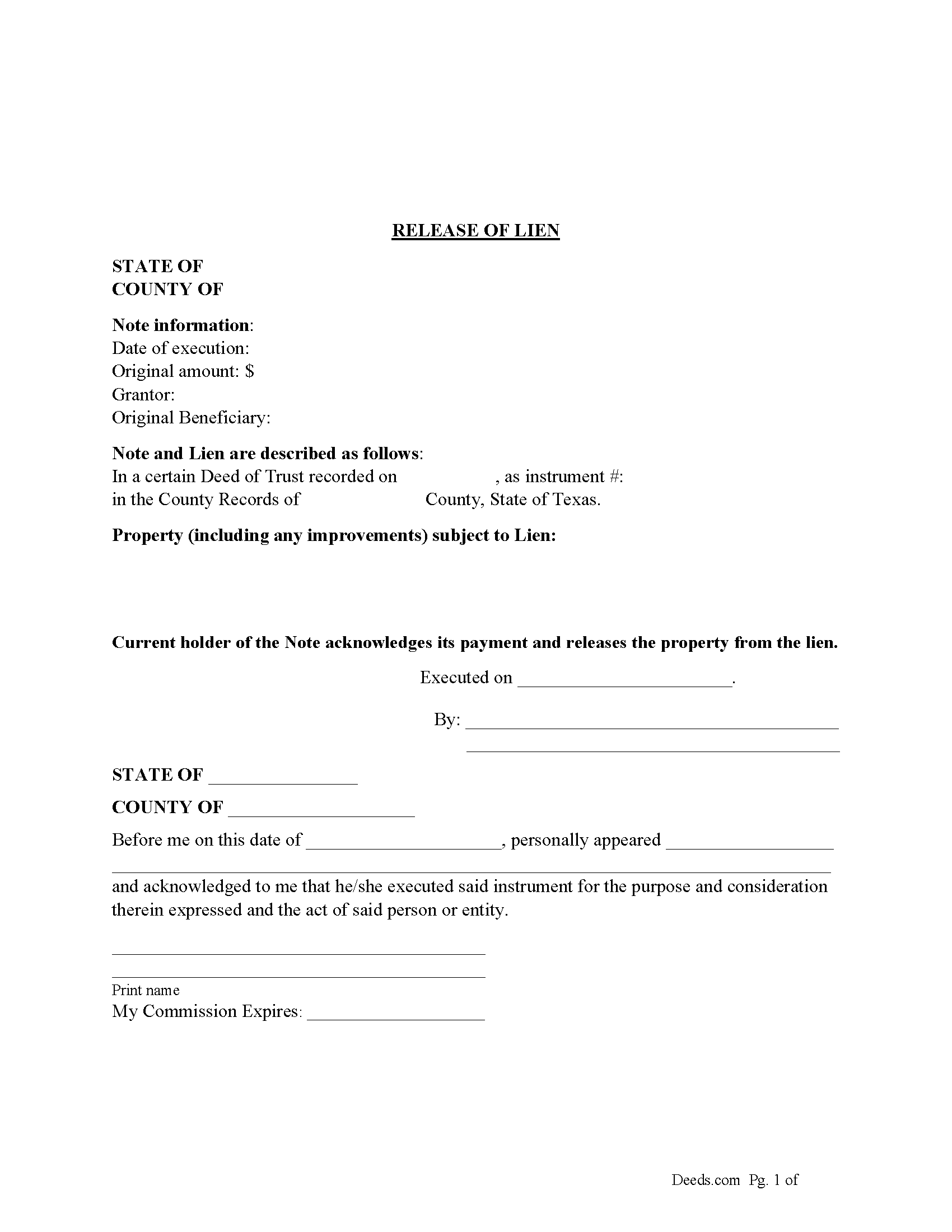Texas Release of Lien - by Deed of Trust and Note Image