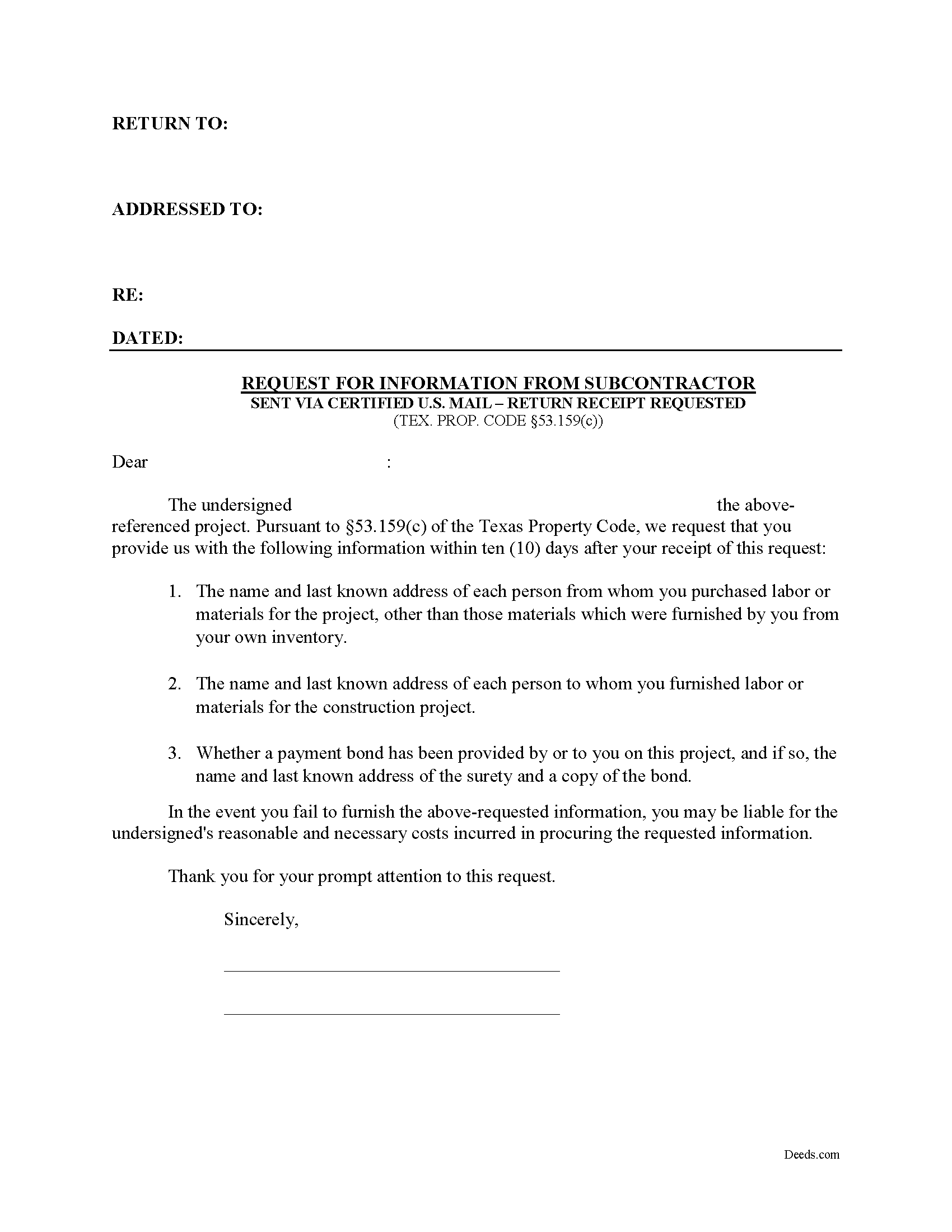 Texas Request for Information from Subcontractor Image
