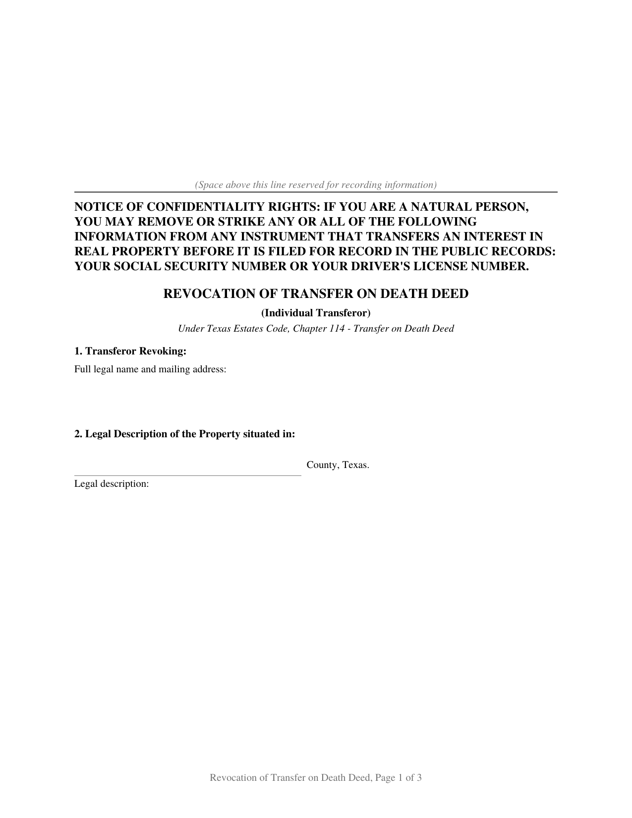 Texas Revocation of Transfer on Death Deed (Individual)