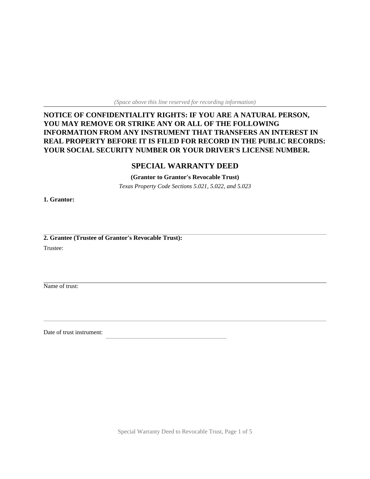 Texas Special Warranty Deed (Grantor to Own Revocable Trust)