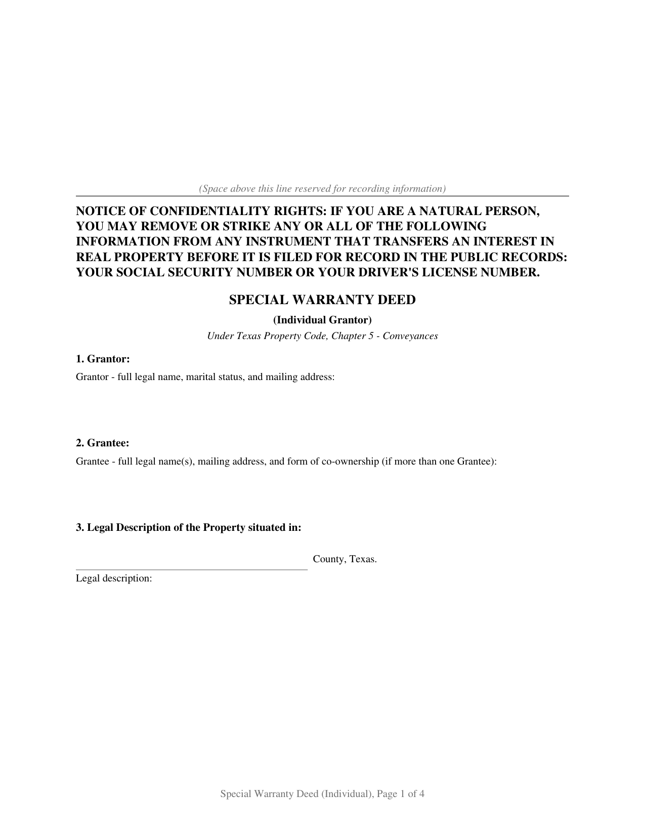 Texas Special Warranty Deed (Individual Grantor)