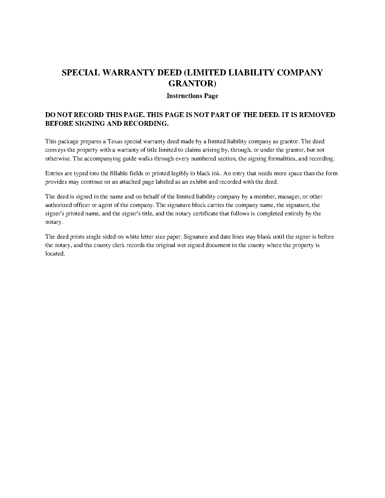 Texas Special Warranty Deed (LLC Grantor)