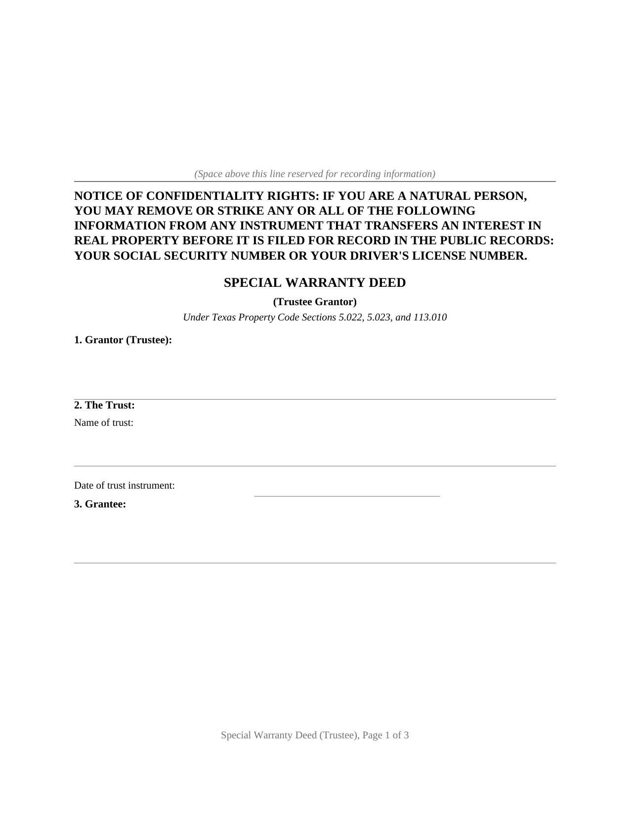 Texas Special Warranty Deed (Trustee Grantor)