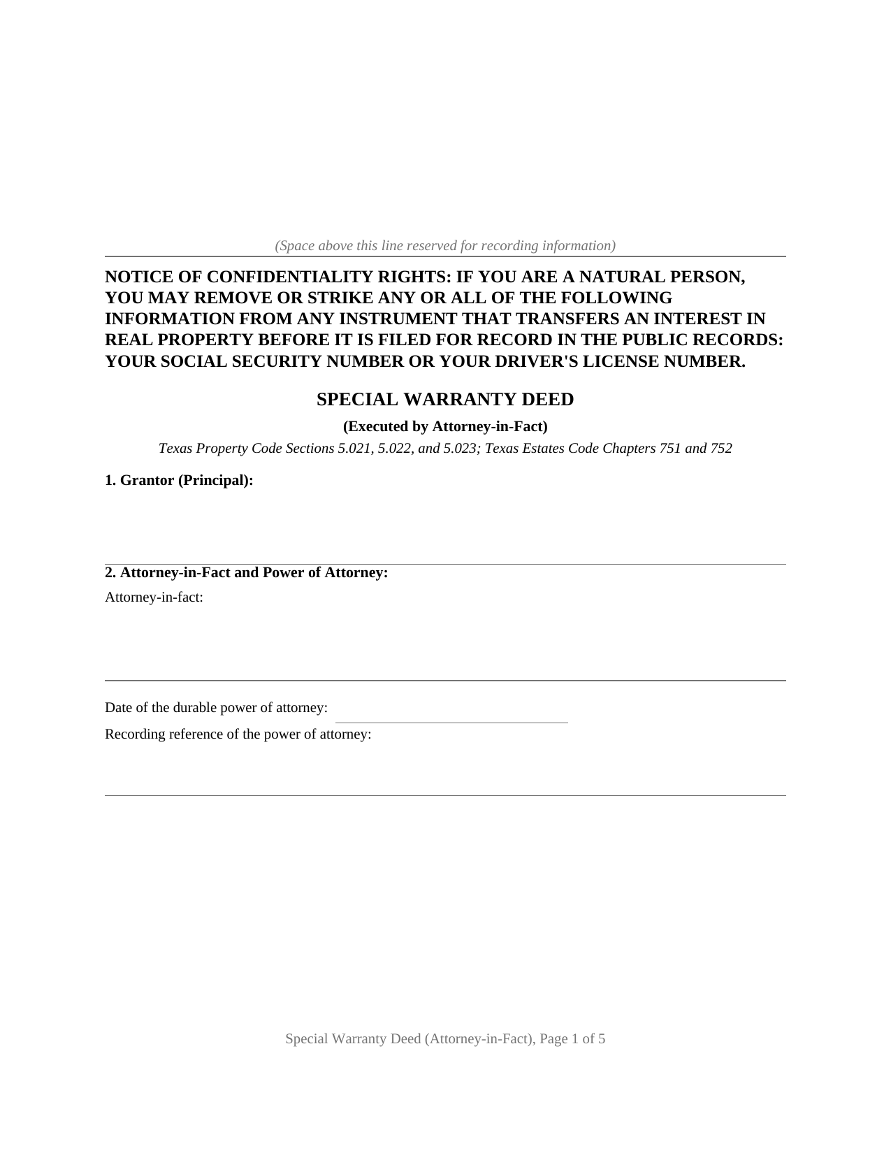 Texas Special Warranty Deed (Executed by Attorney-in-Fact)