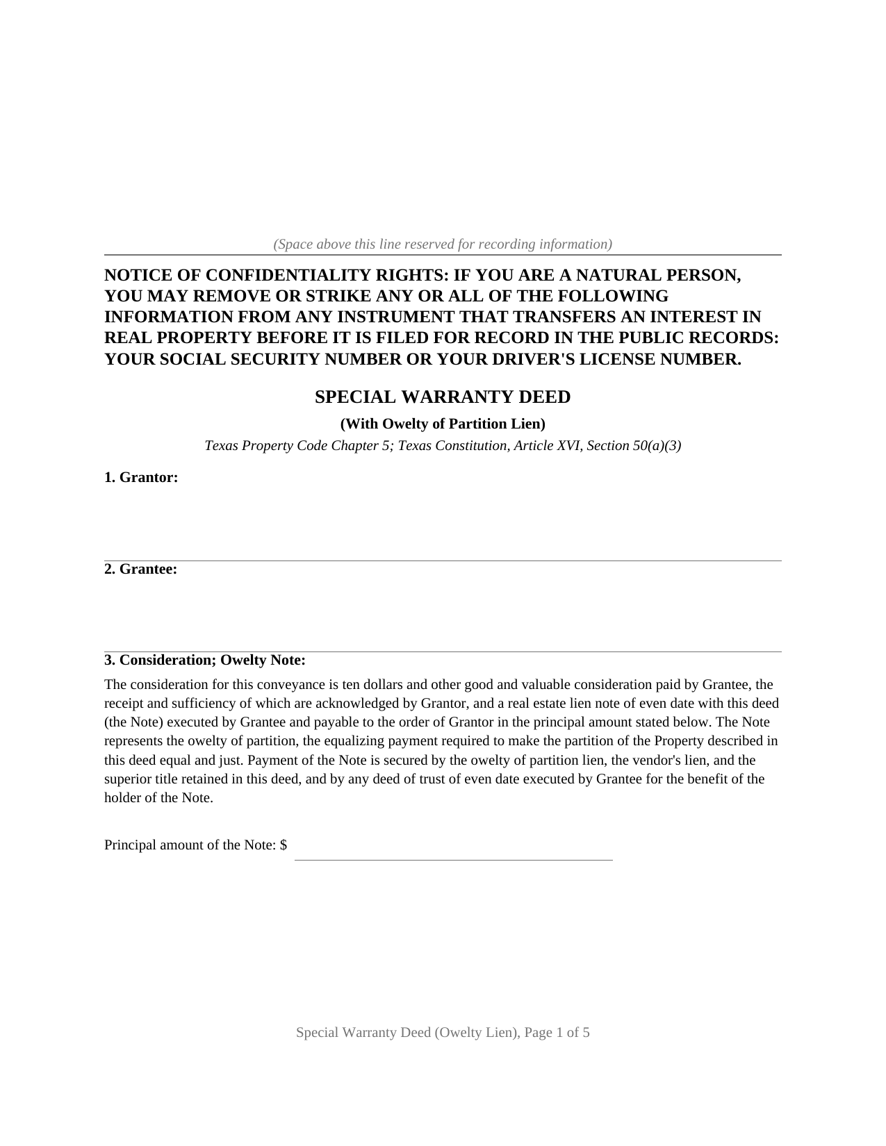 Texas Special Warranty Deed (with Owelty Lien)