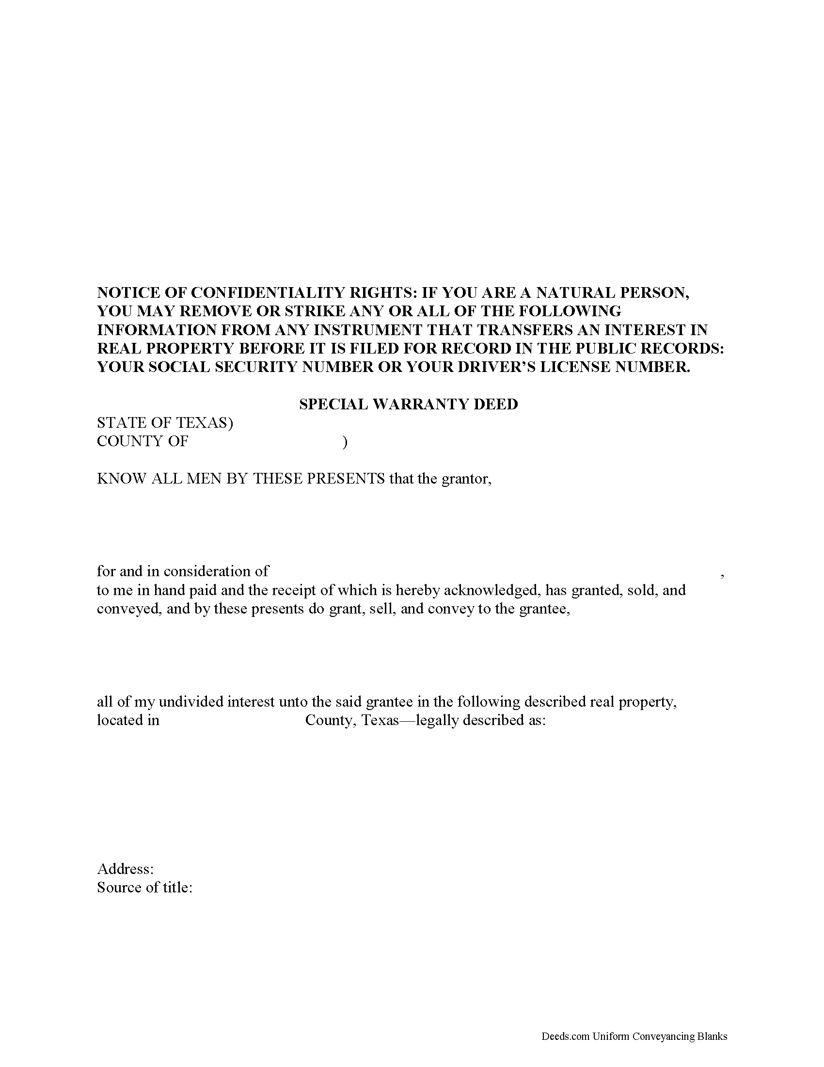 Texas Special Warranty Deed Image