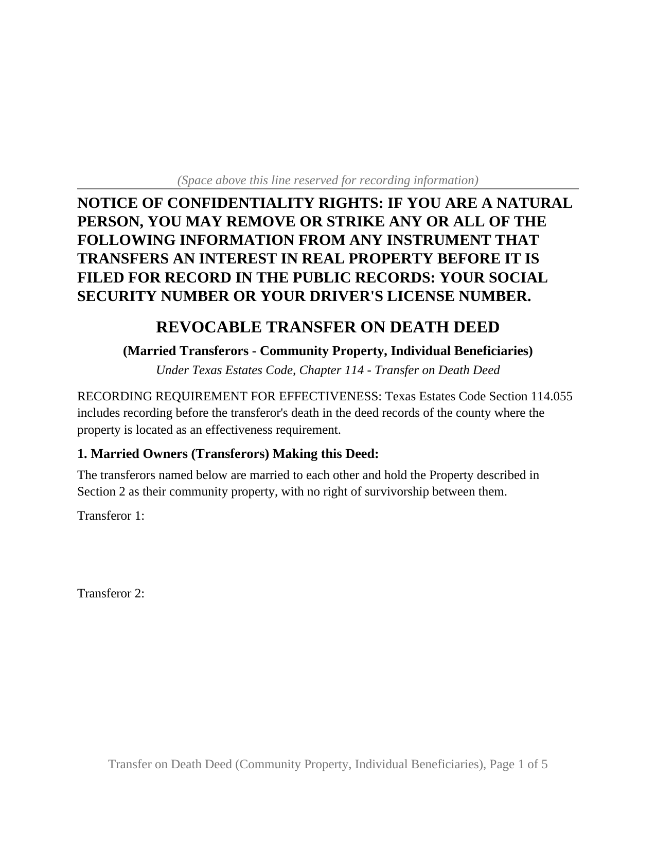 Texas Transfer on Death Deed (Community Property, Individual Beneficiaries)
