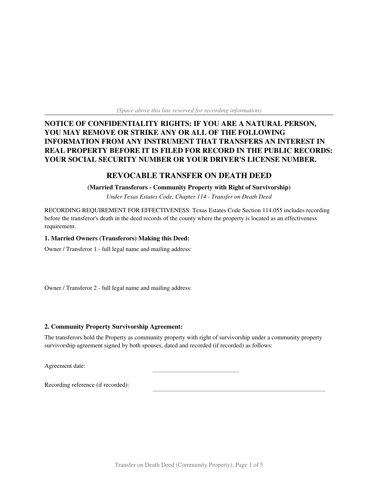 Texas Transfer on Death Deed (Community Property with Right of Survivorship)