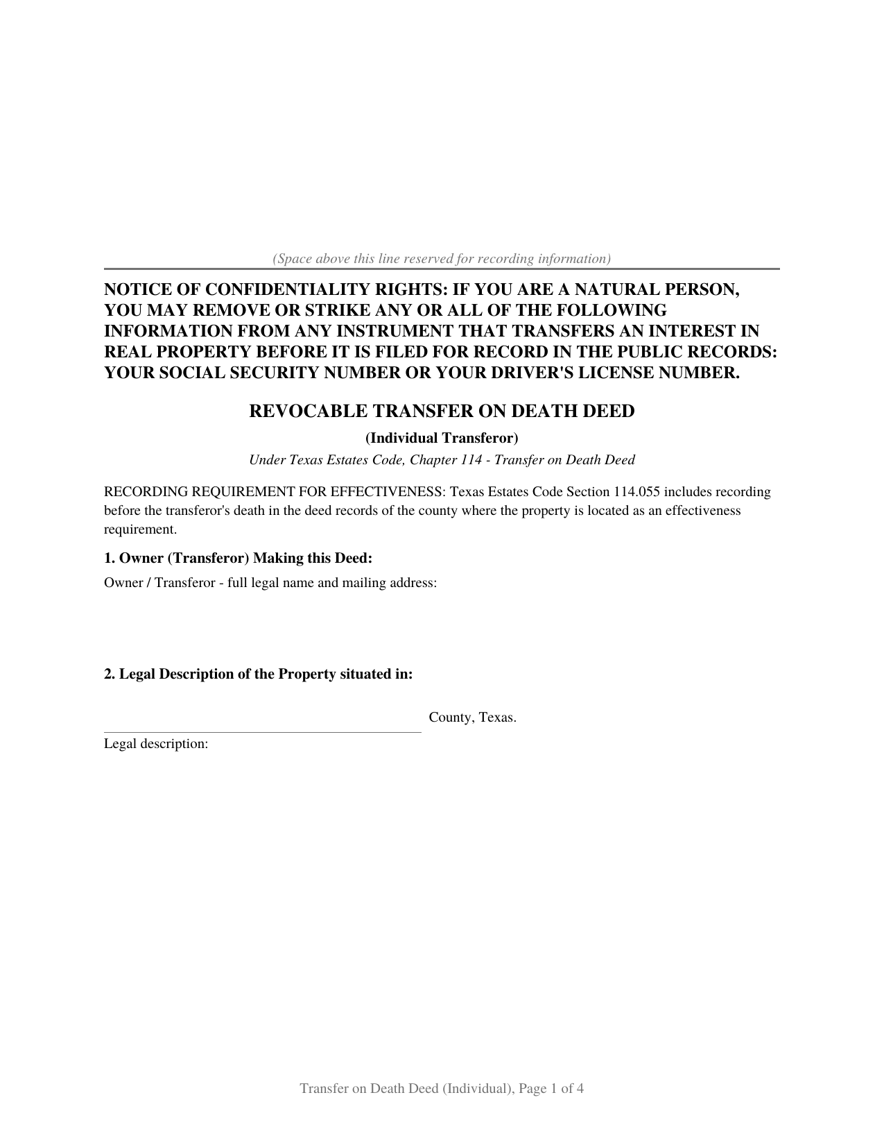 Texas Transfer on Death Deed (Individual)