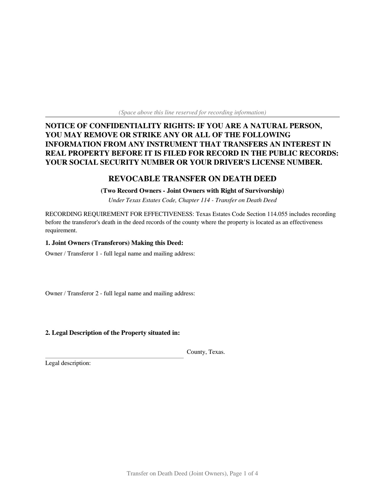 Texas Transfer on Death Deed (Joint Owners with Right of Survivorship)