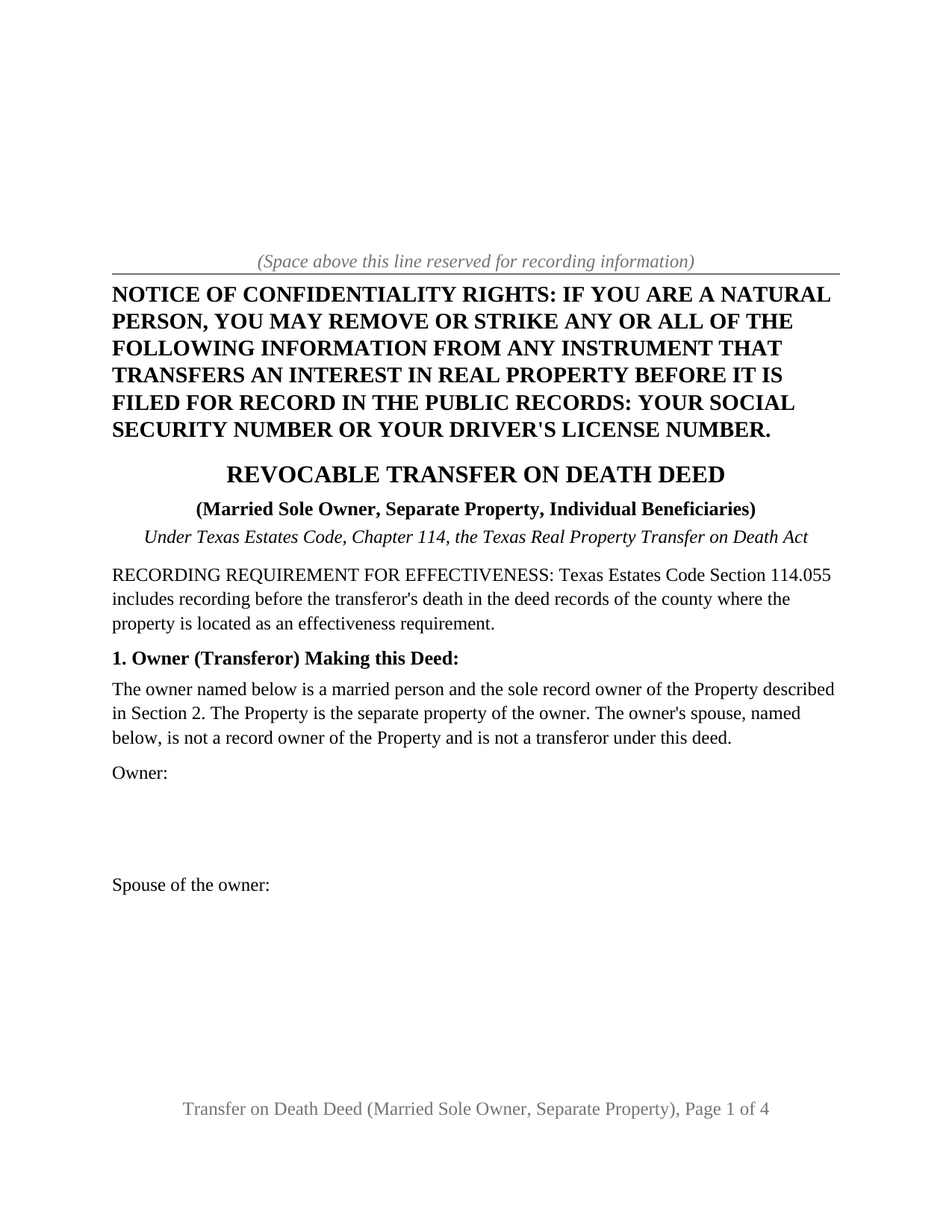 Texas Transfer on Death Deed (Married Sole Owner, Separate Property, Individual Beneficiaries)