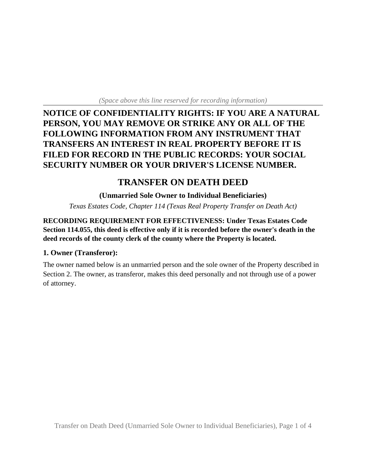 Texas Transfer on Death Deed (Unmarried Sole Owner to Individual Beneficiaries)