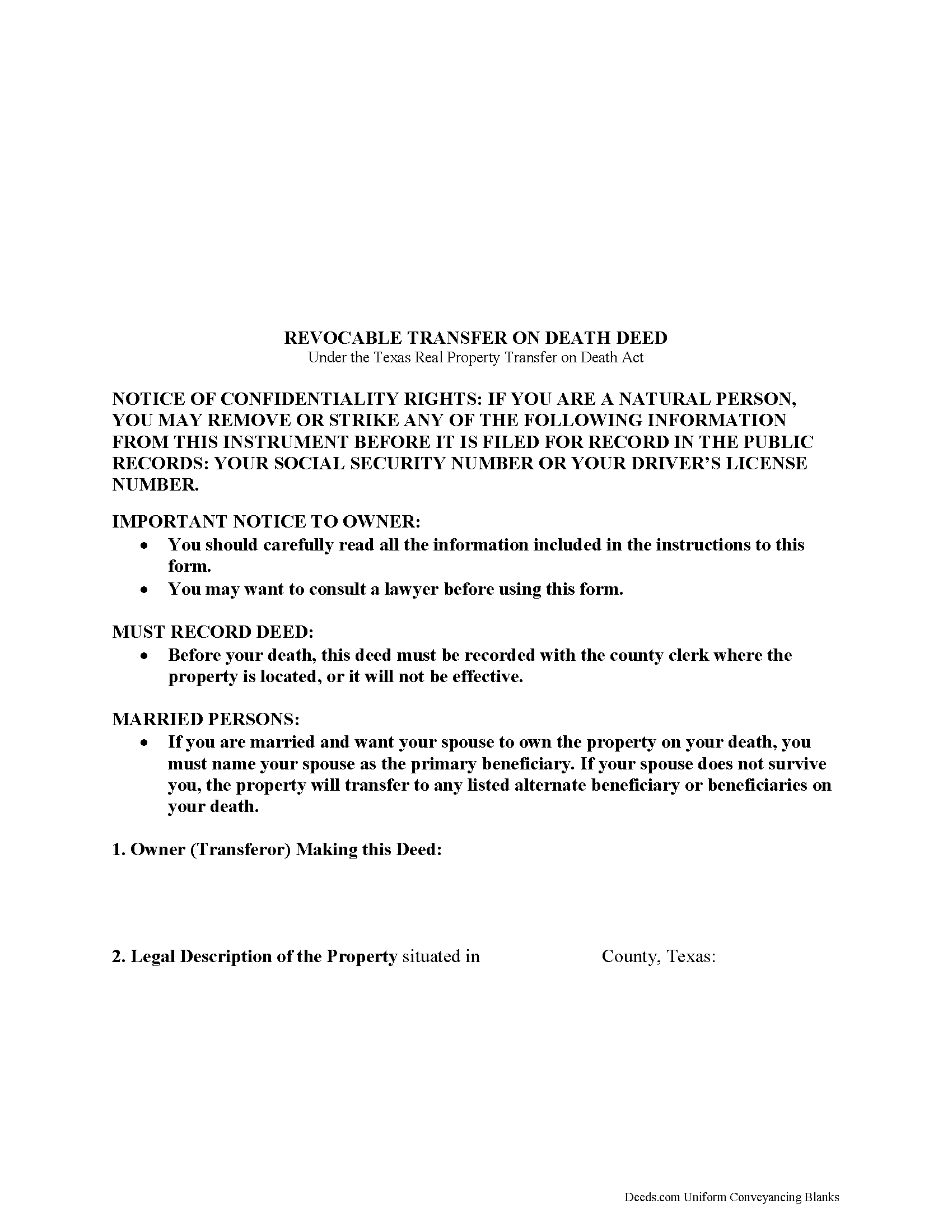 Texas Transfer on Death Deed Image