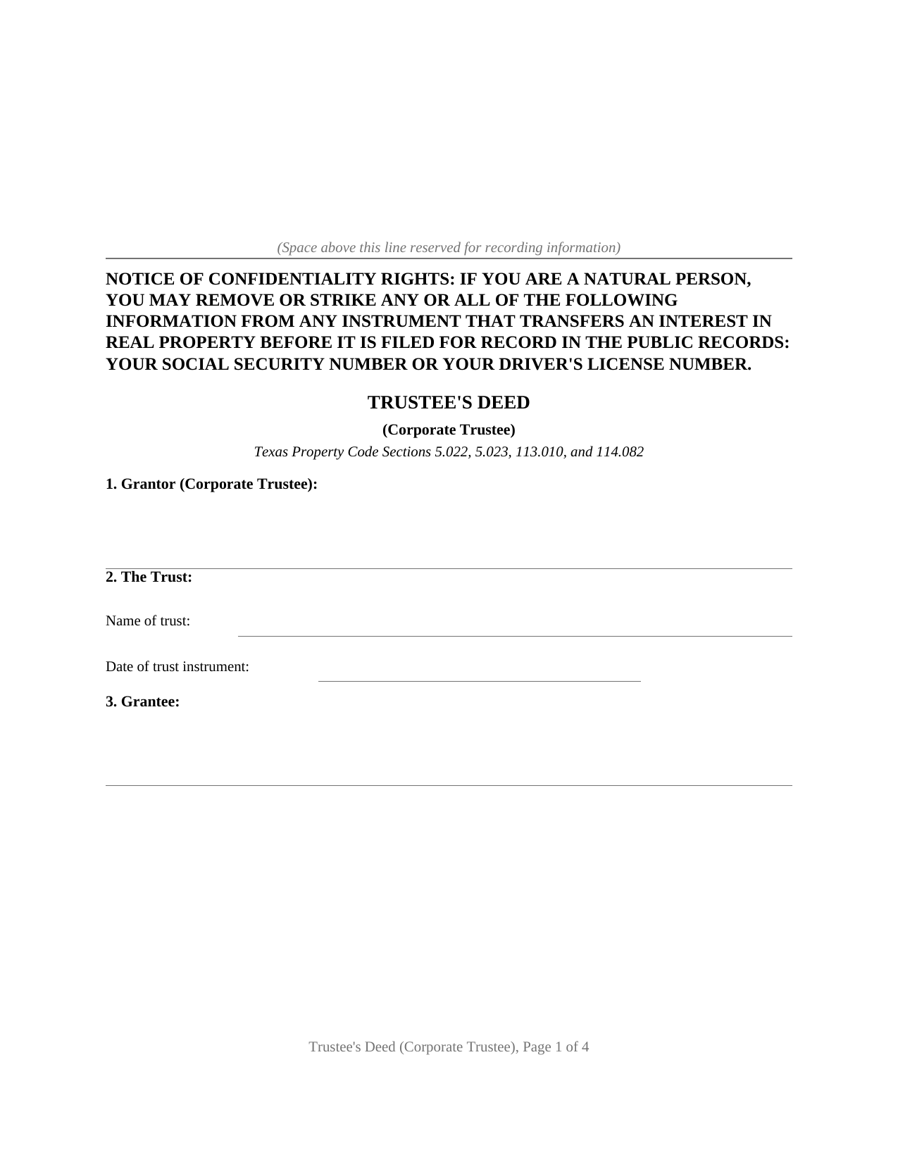 Texas Trustees Deed (Corporate Trustee)