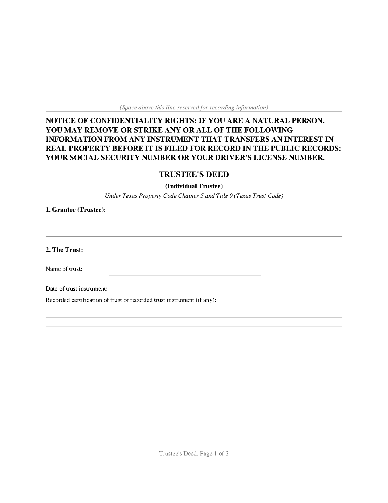 Texas Trustees Deed (Individual Trustee)