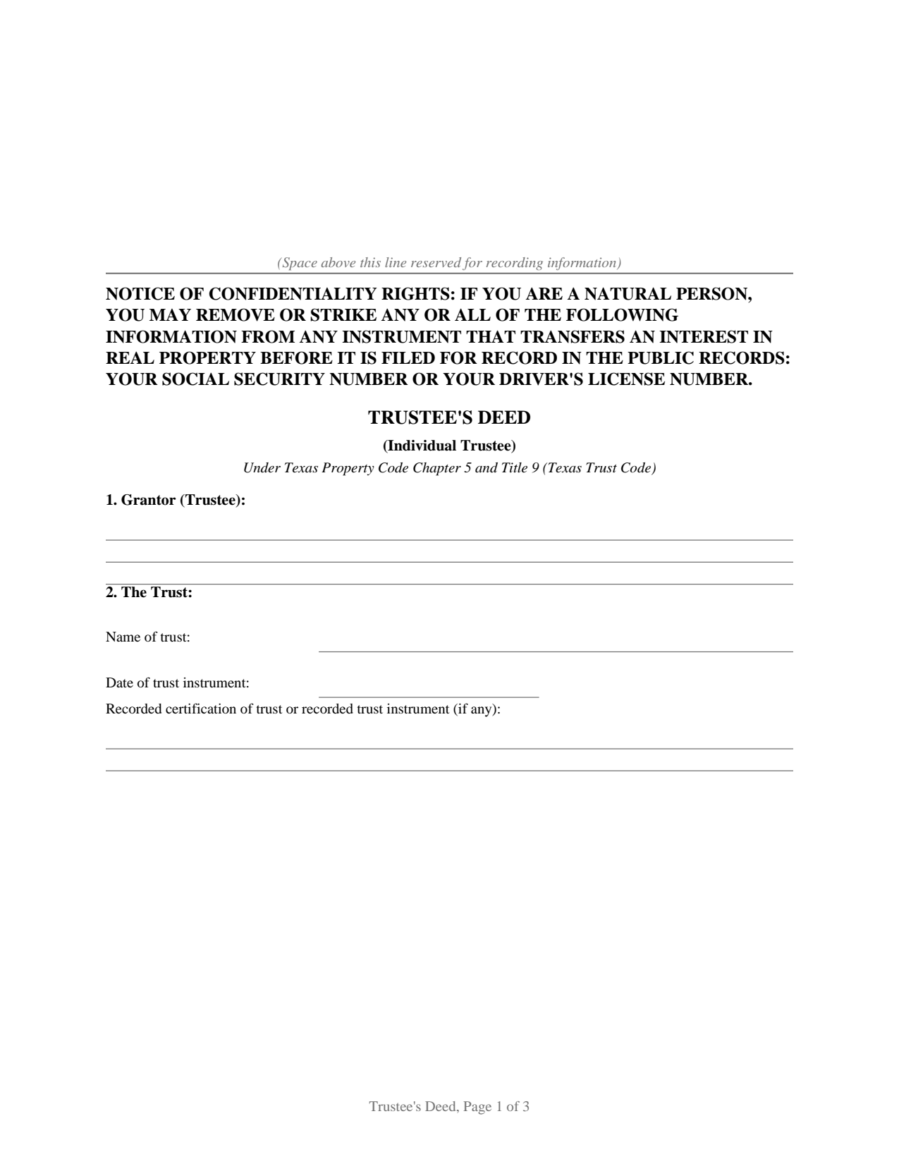 Texas Trustees Deed (Individual Trustee)