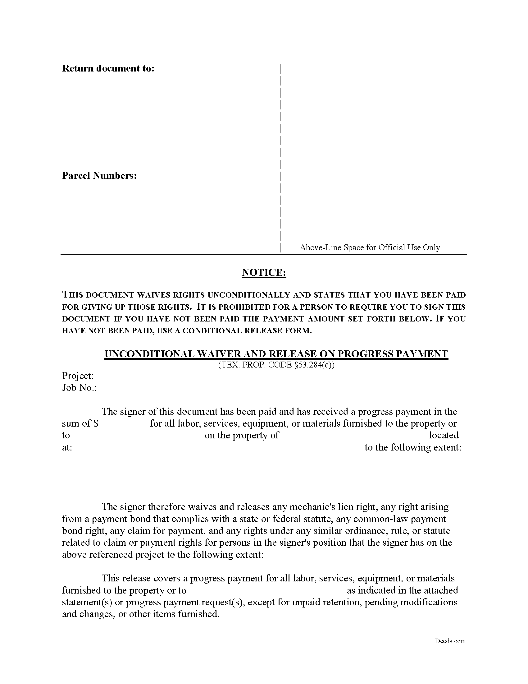 Texas Unconditional Waiver on Progress Payment Image