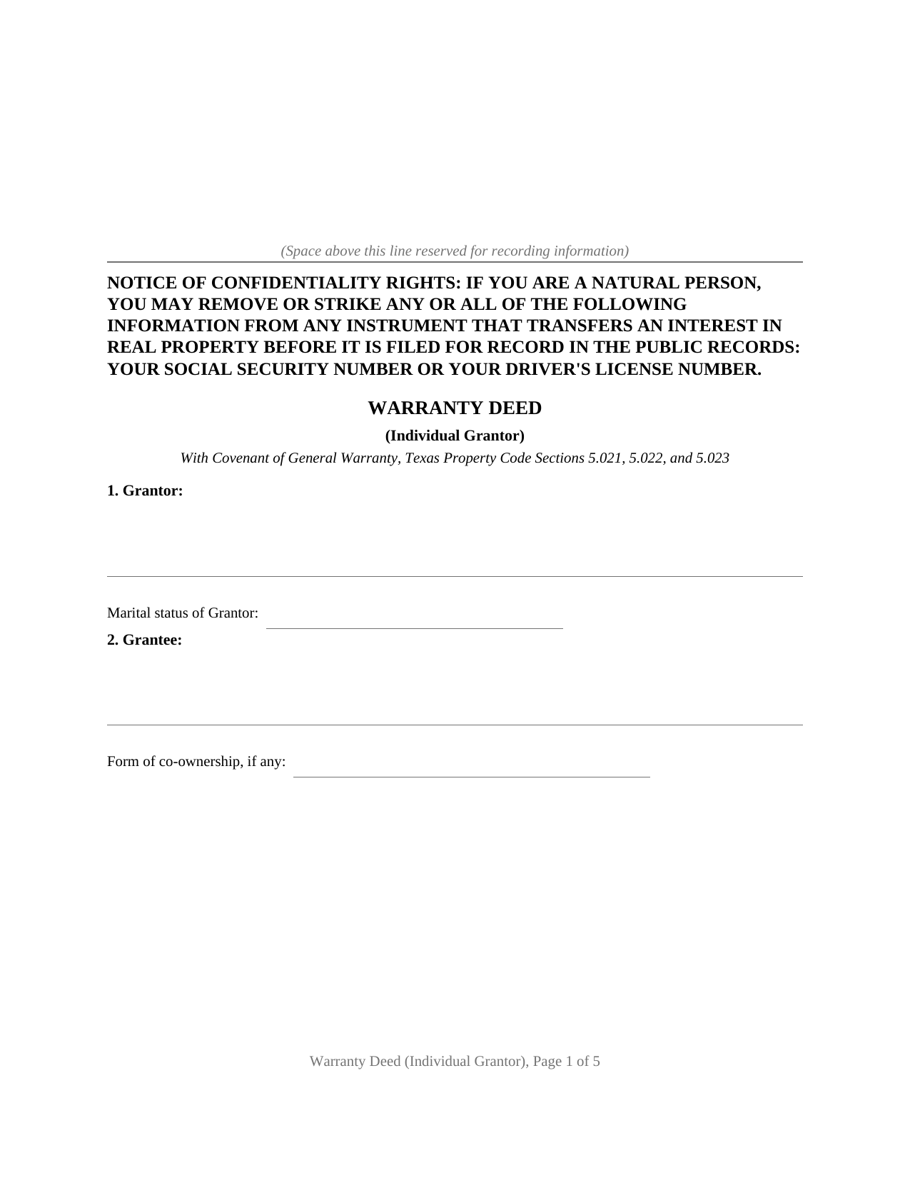 Texas Warranty Deed (Individual Grantor)