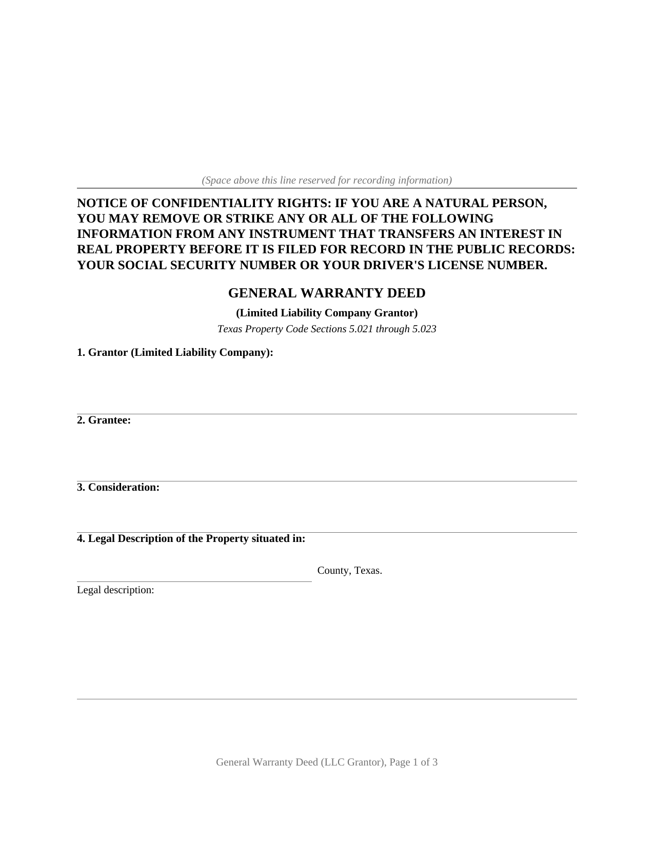 Texas Warranty Deed (LLC Grantor)