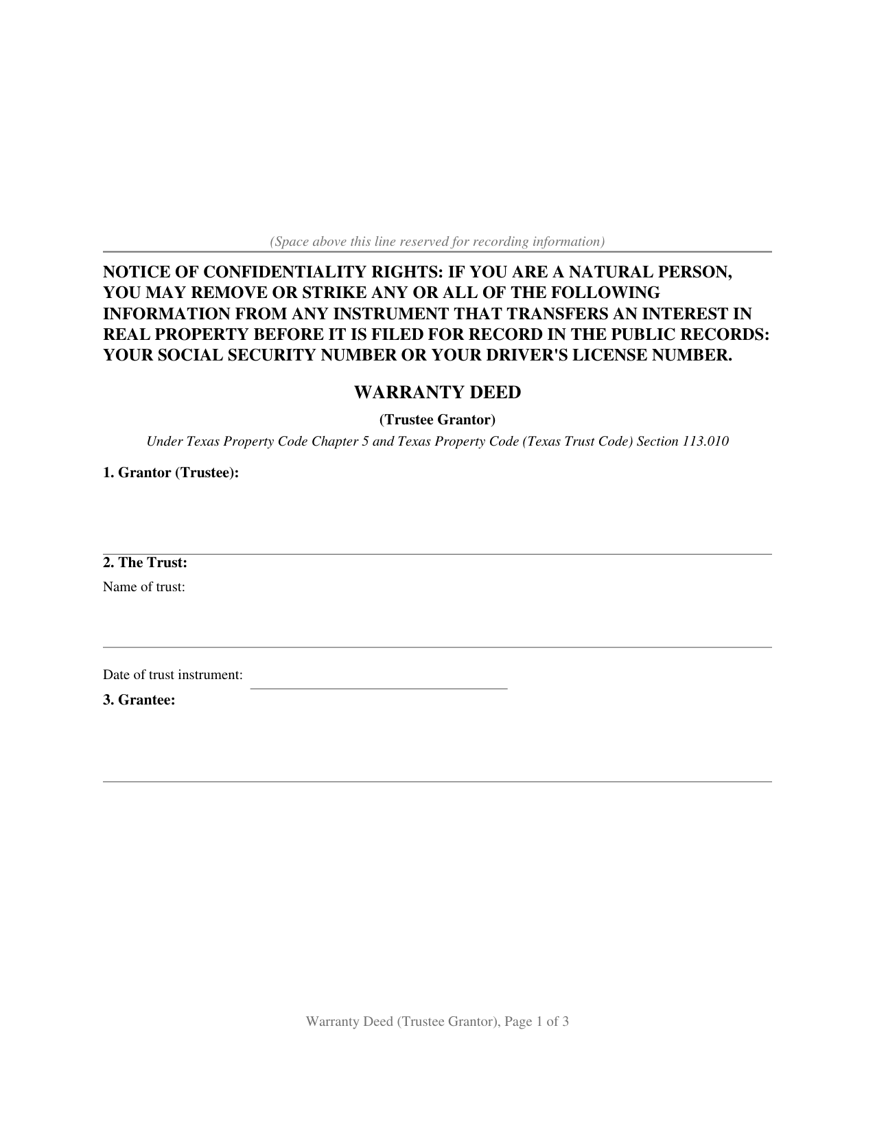 Texas Warranty Deed (Trustee Grantor)
