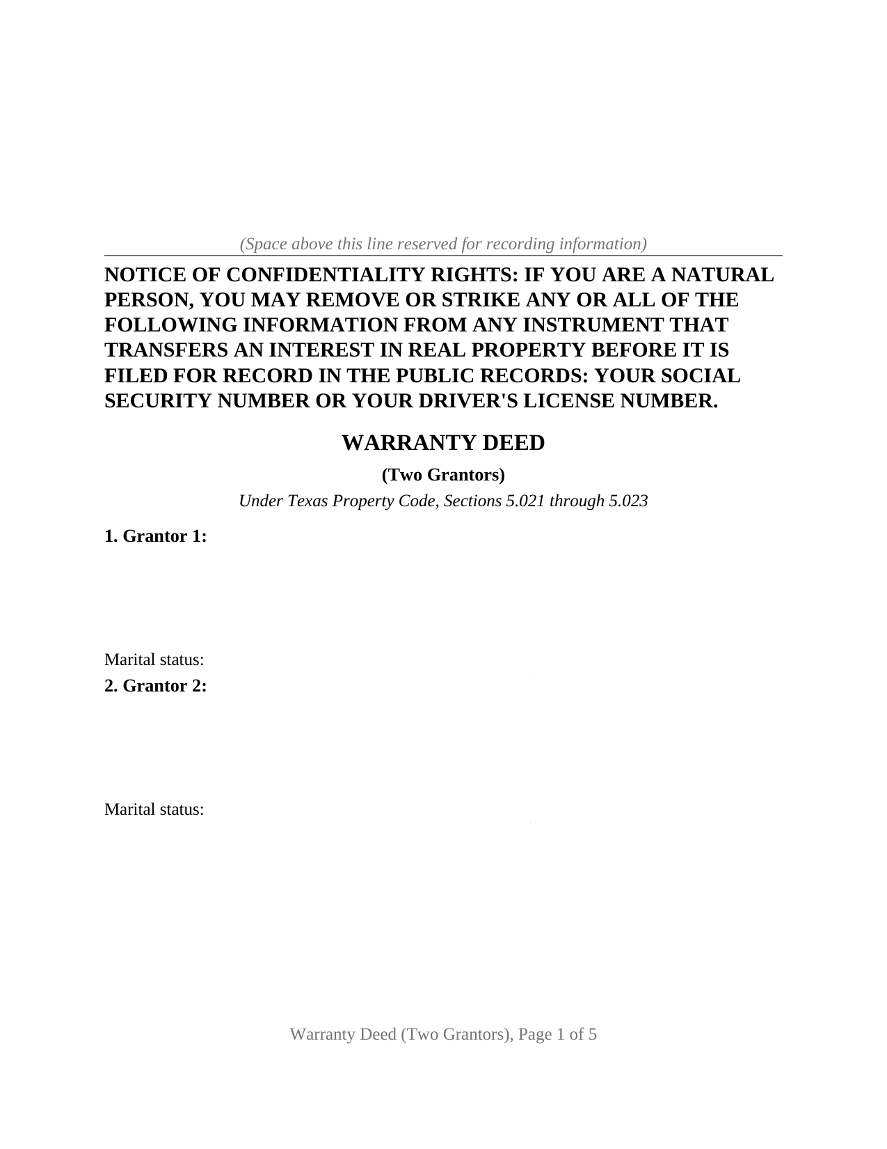 Texas Warranty Deed (Two Grantors)